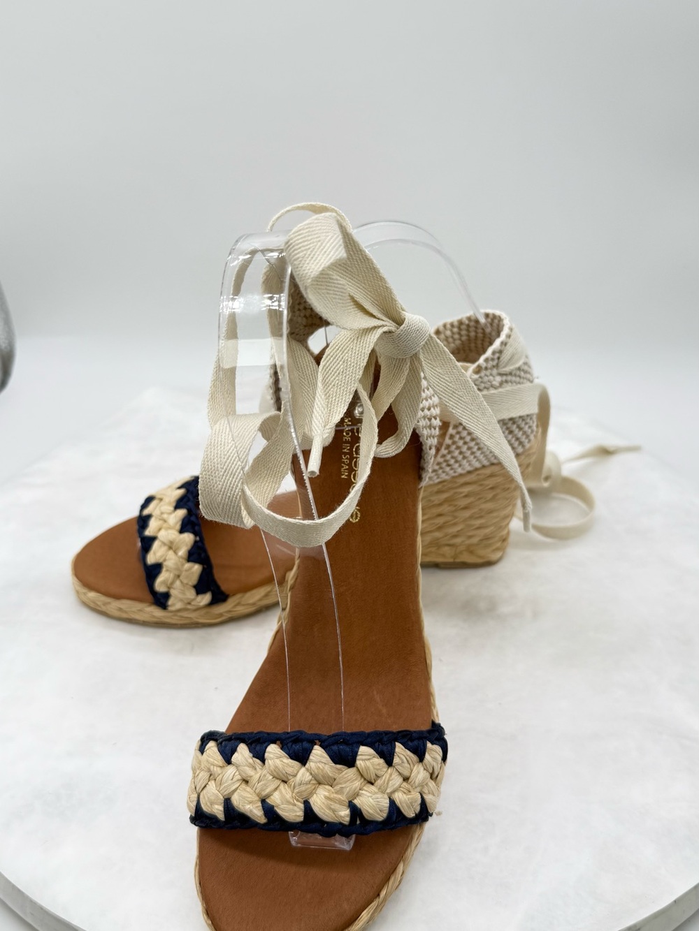 New Braided Espadrille Platform Wedges with Ankle Tie - Cream & Navy - Picture 6 of 7